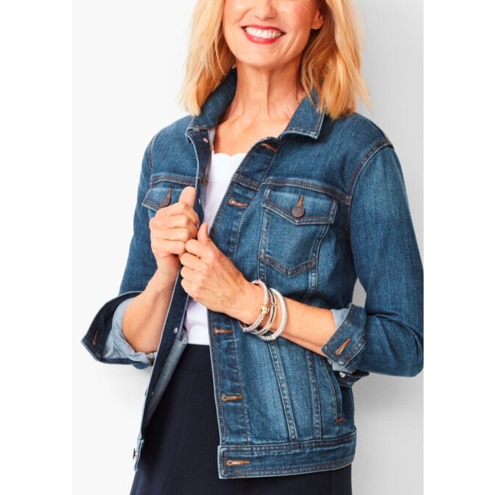 Talbots Dark Wash Denim Jacket Size M Classic Trucker Contrast Stitch Versatile